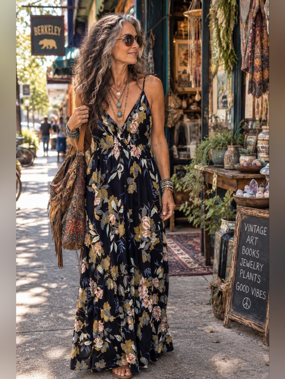 Aakaa Black Floral Maxi Dress with Pink & Green Accents